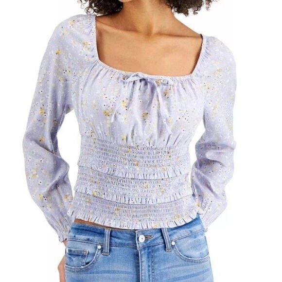 Planet Gold Juniors Square-Neck Smocked Top, shirt long sleeve Blue Fog,M, L, XL - Picture 6 of 9